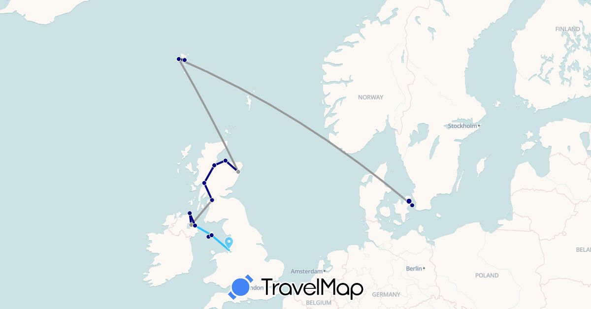 TravelMap itinerary: driving, plane, boat in Denmark, Faroe Islands, United Kingdom, Isle of Man (Europe)